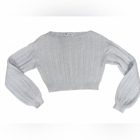 Her Velvet Vase Sweaters - Hervelvetvase Ribbed Cropped Sweater Puff Sleeve Knit – Women’s Small – Gray